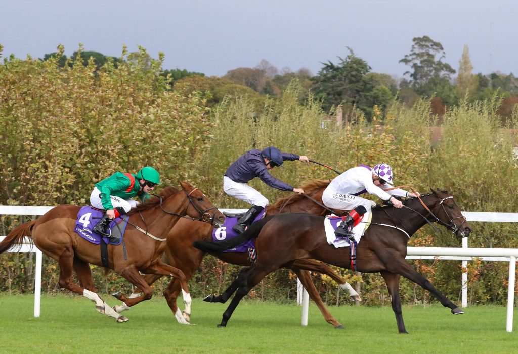 Guaranteed and Kevin Manning winning from Sovereign (Niall McCullagh) and Masaff (Declan McDonogh) in the "Tote Eyrefield Stakes" GR3 at Leopardstown 